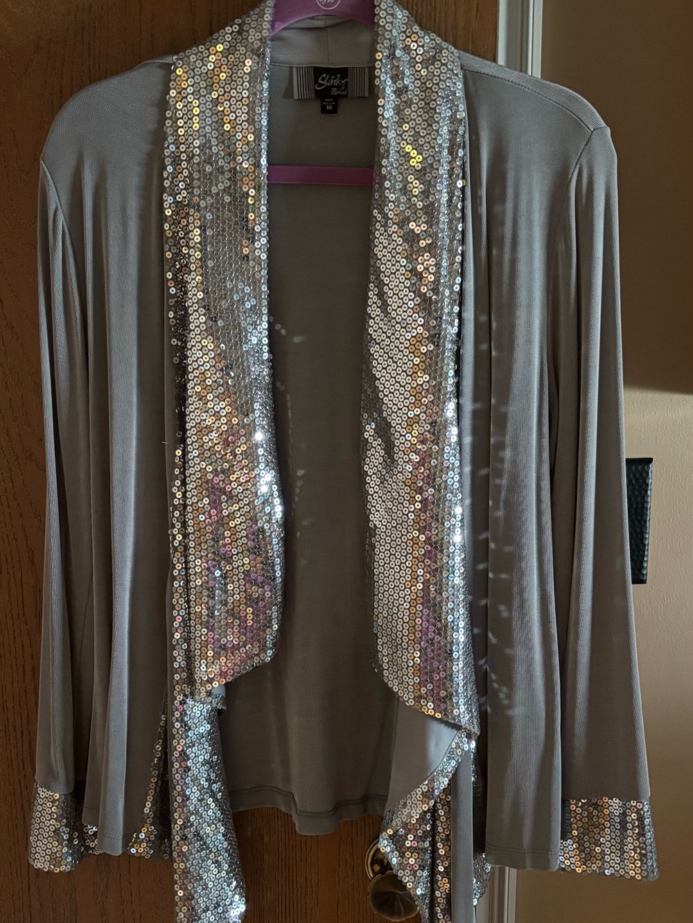 Slinky Brand Silver Sequin Trim Open-Front Women's Top
